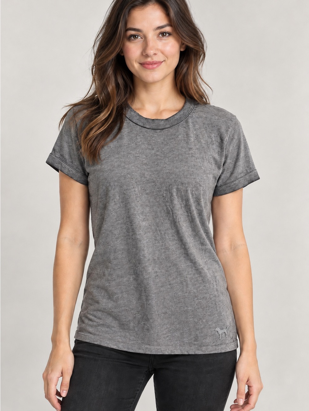 PINK Victoria’s Secret Gray Rolled-Sleeve T-Shirt Dog Logo Size Small